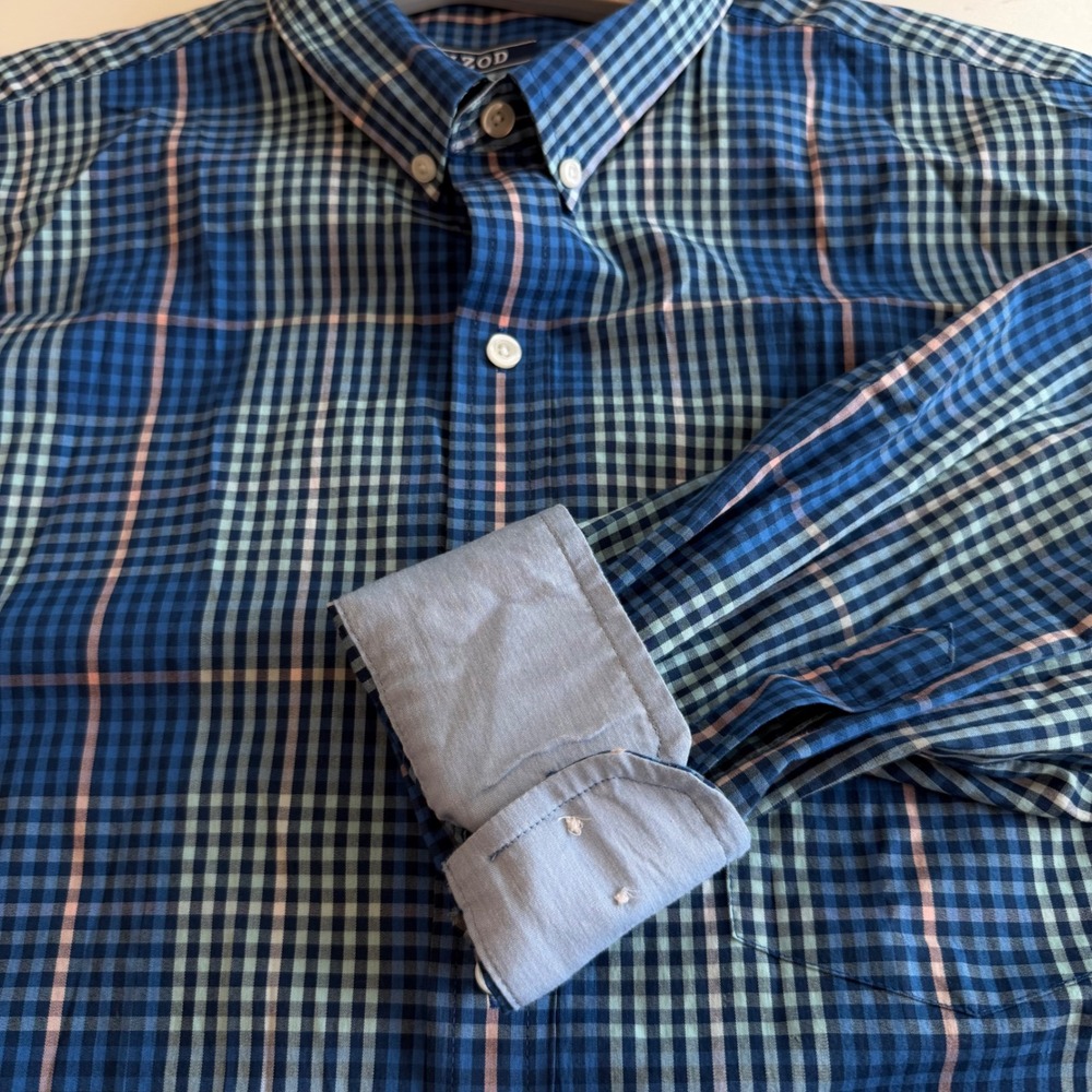 IZOD Mens Blue Green Plaid Non-Iron Stretch Long Sleeve Button Down Shirt Large - Picture 7 of 8